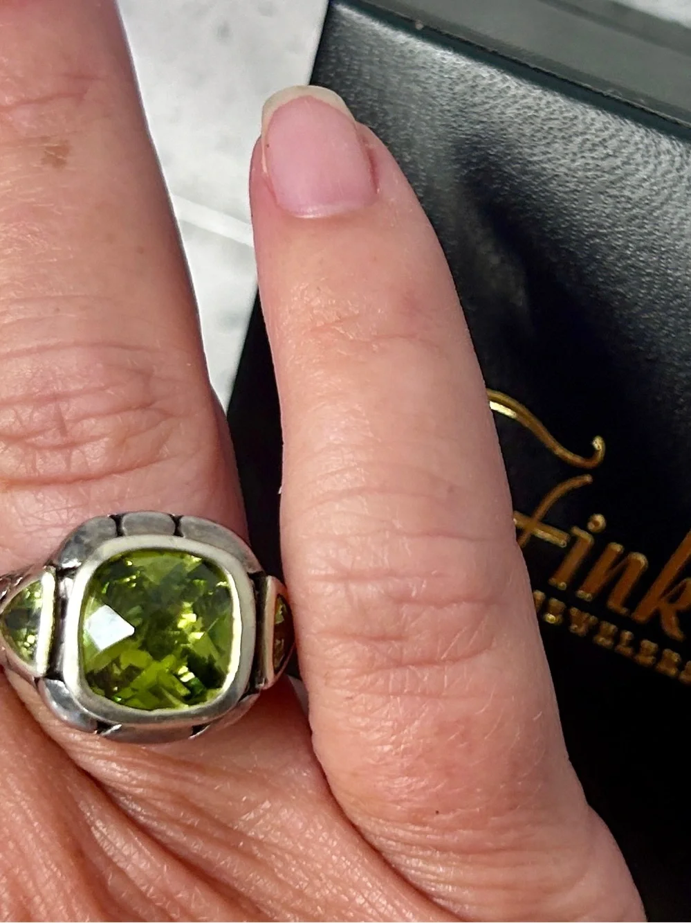 Designer Inspired 925-Stamped Faceted Peridot-Style Silver Ring, size 8.5-9